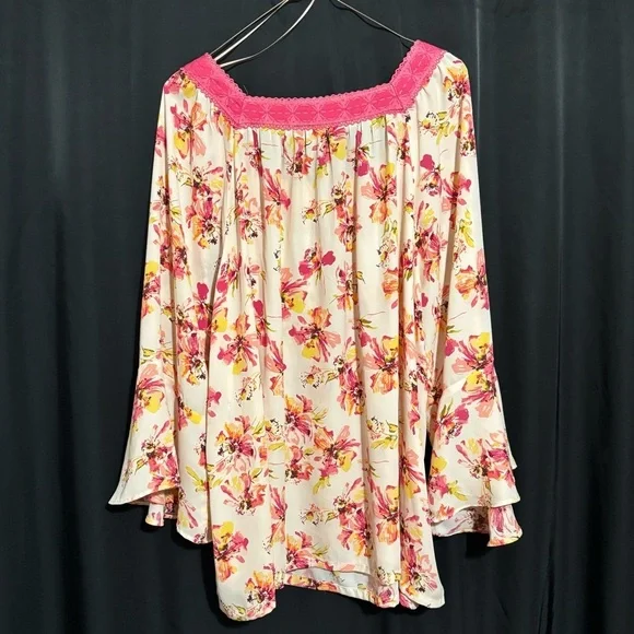 The Pioneer Woman Laced Square Neck Flutter Sleeve Floral Pink Blouse size 2X - Picture 5 of 6